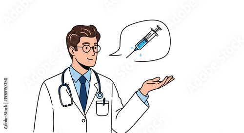 Male doctor in a white coat gesturing toward a thought bubble containing a syringe to suggest vaccination or medical treatment.