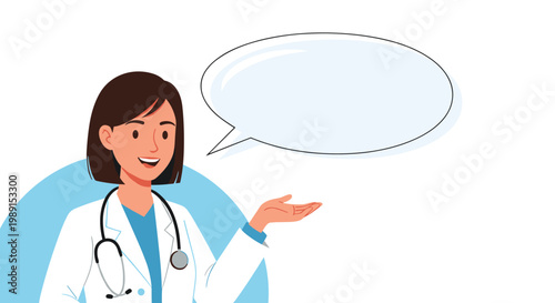 Professional female doctor with short brown hair and a stethoscope gesturing toward a large empty speech bubble for medical tips.