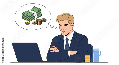 Focused businessman in a suit sitting at his laptop and thinking about money with a thought bubble of cash and coins above him.