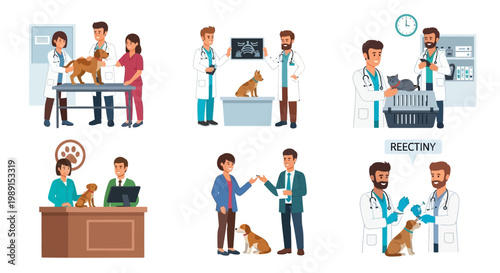 Veterinary Clinic Scenes: Diverse Pet Care, Diagnosis, and Owner Interaction