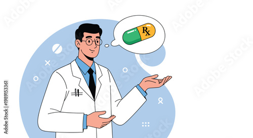 Male doctor with glasses and a lab coat thinking about medication with a thought bubble showing a green and orange medical pill.
