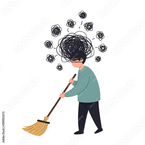 Person sweeping with messy thoughts.