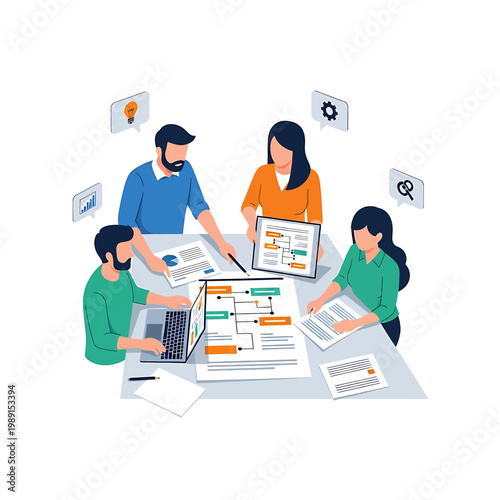 People working at a table together.