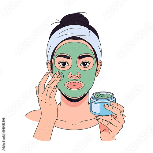 Woman applying green facial mask cream.