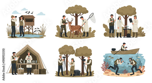 Wildlife research team studying animals and nature in diverse field settings