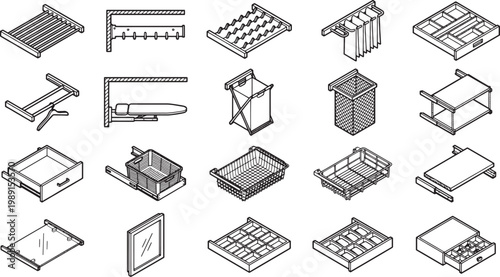 Collection of organized cabinet accessories, emphasizing space efficiency. Meticulously designed elements include shelves, racks, trays, and organizers.