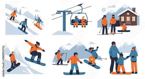 Winter Ski Resort Scene: Families Enjoying Snowboarding, Skiing, and Cable Car Rides