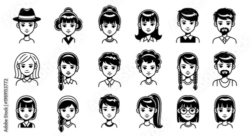 Faces cartoon character set with black outlines and various hairstyles and expressions on white background