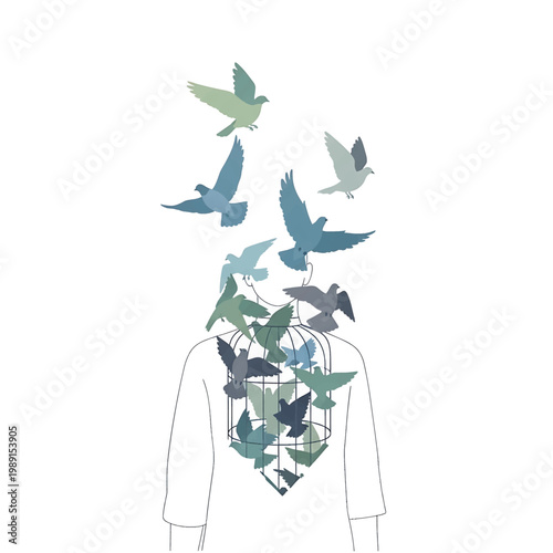 Birds escaping from a cage head.