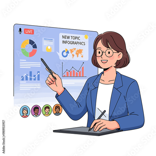 Woman presenting infographic on screen.