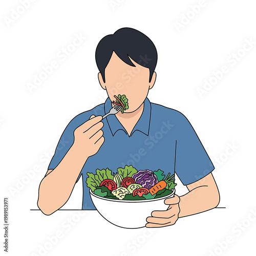 Man eating healthy salad with fork.
