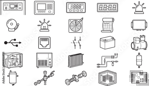 Industrial icons set isolated on a white backdrop. Featuring a series of black and white line-art illustrations, the images showcase a range of technology, from network, usb, and battery.