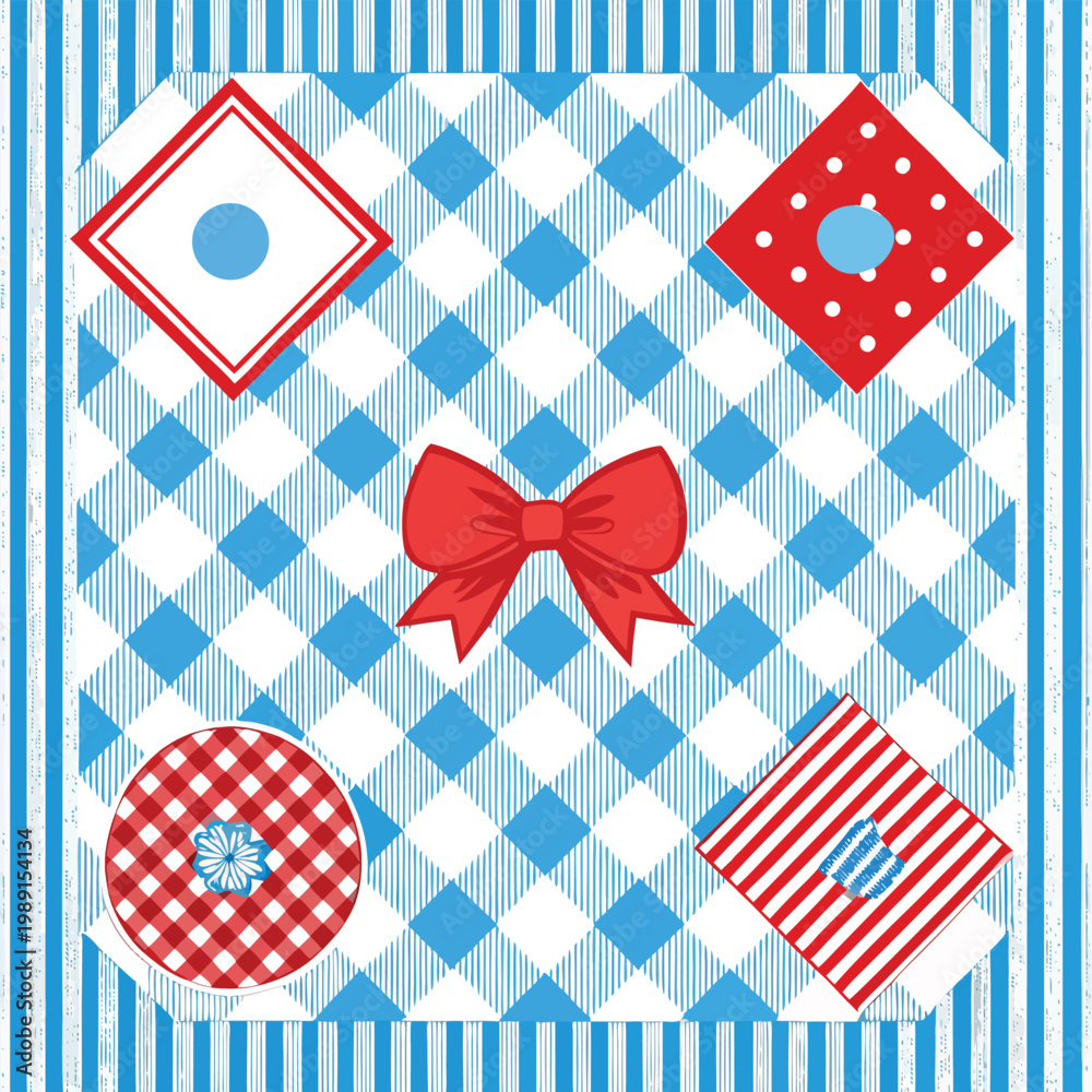 Obraz premium A colorful vector graphic design featuring a blue and white checkered pattern with red and white accents