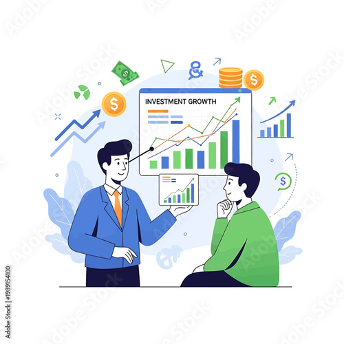 Businessman and woman discussing investment growth.