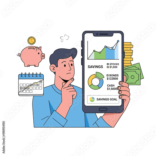 Man Holding Phone with Savings Goal.