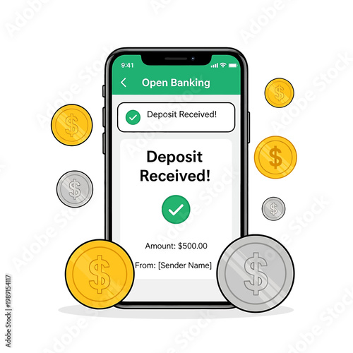Smartphone with Open Banking Deposit Notification.