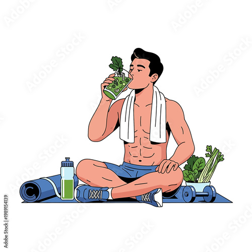 Man drinking green juice after workout.