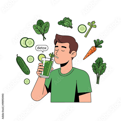Man drinking green juice with vegetables.