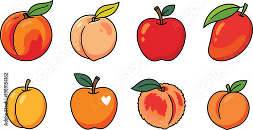 Colorful Hand Drawn Fruit Illustration Set Featuring Apples, Peaches, Mango, and Apricot in Cartoon Style for Food Design, Packaging, Menu, and Branding Use