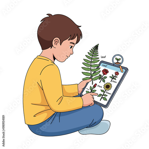 Boy drawing plants on clipboard.