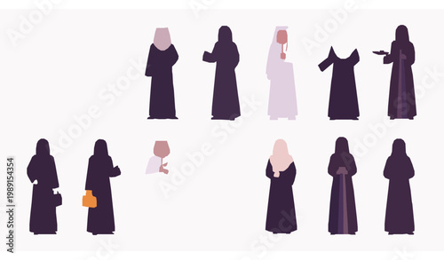 Traditional Arab men and women vector set in cultural clothing with thobe abaya and hijab characters flat illustration