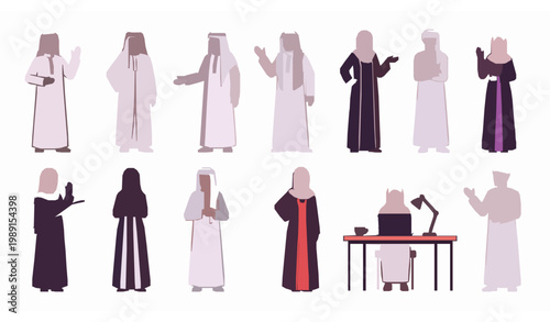 Arab men and women isolated characters vector set in traditional cultural clothing with diverse poses flat illustration