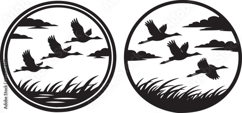 Vintage Style Geese Flying Over Water and Wetlands Illustration Vector