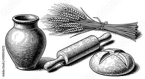 Kitchen mortar with pestle, ceramic jar, wheat bundle and bread loaf, vintage engraving style for rustic food icons