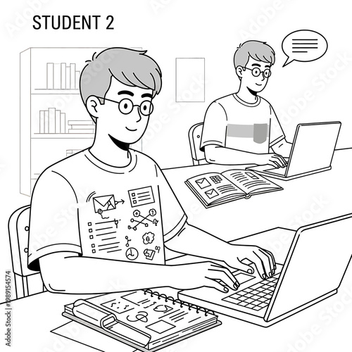 Young male student using laptop computer.