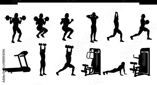 Exercises silhouette set with fitness activities and equipment featuring workout, gym, training with dumbbells and running elements for stretching,