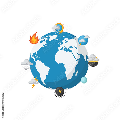 Earth Globe with Weather Symbols Around.