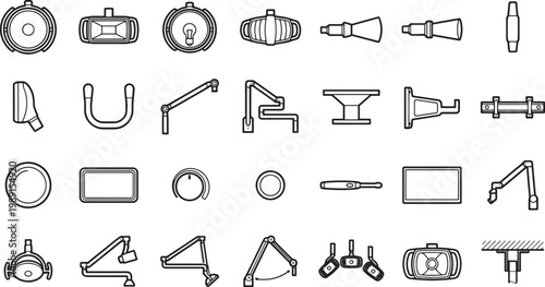 Array of industrial equipment arranged in a precise pattern, a monochromatic array showcasing various tools and machinery components