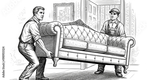 Two men carrying a vintage sofa illustration.