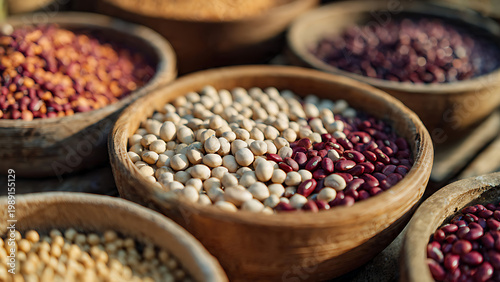 Assortment of dried beans and lentils in rustic wooden bowls, showcasing variety and natural textures.