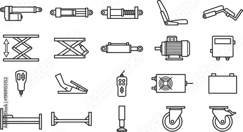Illustration of diverse industrial components and machinery elements in a detailed monochrome outline, ideal for technical documentation.