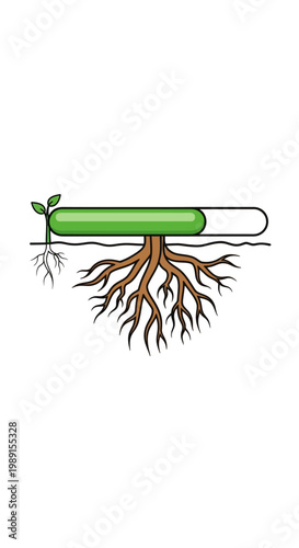Plant growth progress bar illustration showing developing roots and sprouting leaves. Concept of foundation, development, and ecology.