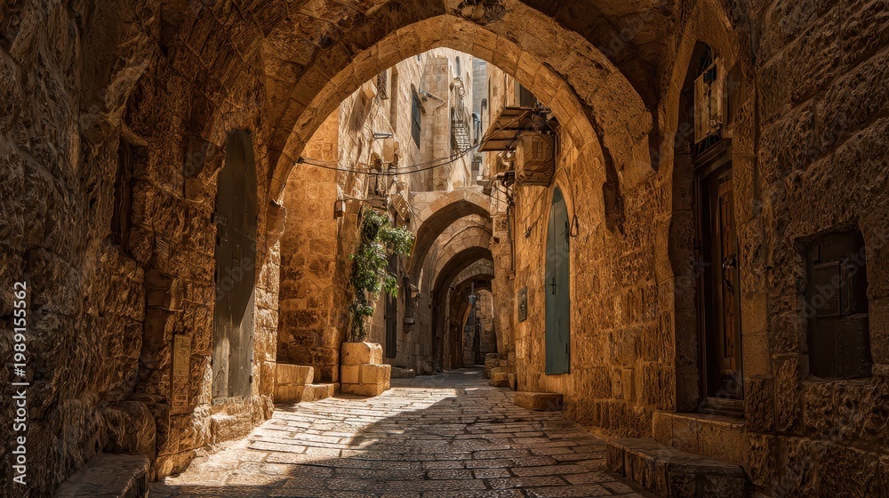 Obraz premium Historic Jerusalem street corridor: sunlit sandstone arches and cobblestone path