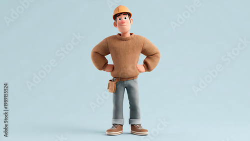 Cartoon construction worker standing confidently with hands on hips, wearing a hard hat and work clothes.