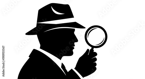 Silhouette of a Detective in a Fedora Hat Holding a Magnifying Glass, Investigation and Mystery Concept Vector Illustration