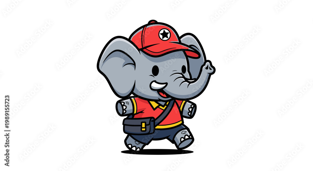 Obraz premium Cute Cartoon Elephant Mascot Wearing a Red Cap and Messenger Bag, Professional Delivery Service Character Illustration