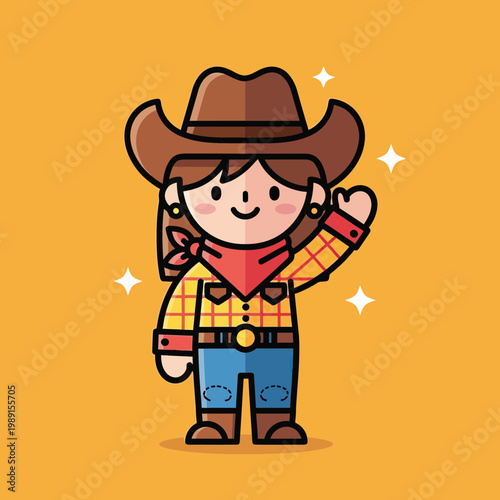 Cute Cartoon Cowgirl Character Waving Hand Wearing Cowboy Hat and Plaid Shirt Vector Illustration