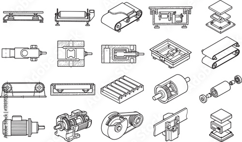 Isometric diagrams of various industrial conveyor system components showcased in detailed precision. 