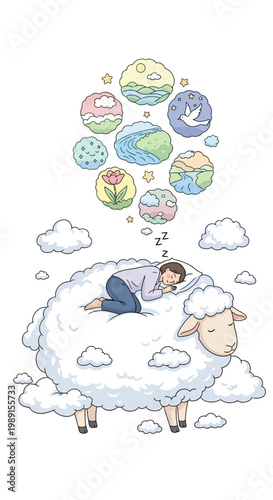 Peaceful man sleeping soundly on a fluffy sheep cloud, dreaming of beautiful nature landscapes and blooming flowers. Serene imagination.