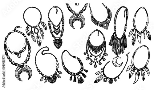 Black and white ethnic necklace vector collection in circular layout with tribal and aztec jewelry isolated on white