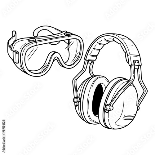 Protective gear including headphones and safety goggles on white