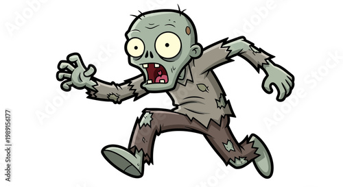 Funny Cartoon Zombie Running and Chasing Forward, Vector Illustration of Undead Character in Tattered Clothes Isolated on White