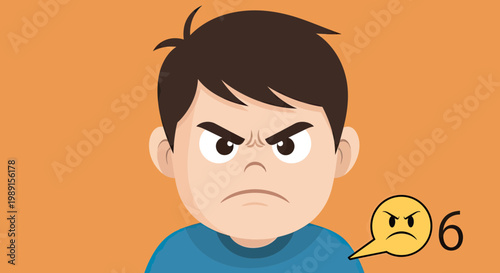 Angry Little Boy Character Illustration with Grumpy Facial Expression and Upset Mood Concept