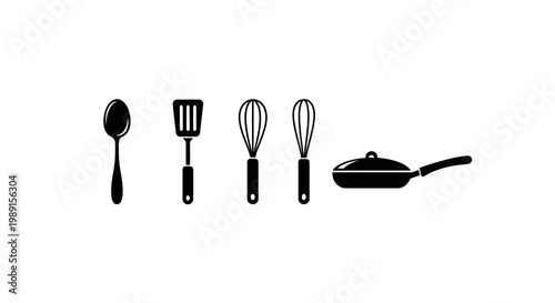 Black kitchen utensils icons set including spoon spatula whisks and frying pan on white background for cooking and recipe design