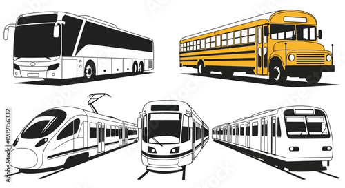 Public transportation vehicles buses and trains illustrations of urban transit commuter and school bus