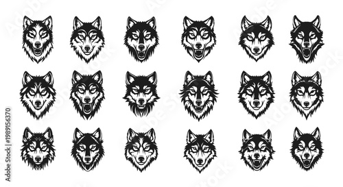 Collection of 16 wolf head illustrations in various expressions on white background